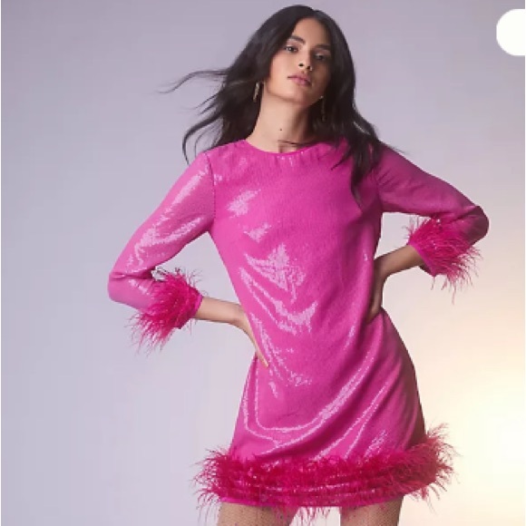 Anthropologie Dresses & Skirts - NEW Anthropolgie Vineet Bahl Feather Trimmed Sequined Shift Dress in Hot Pink